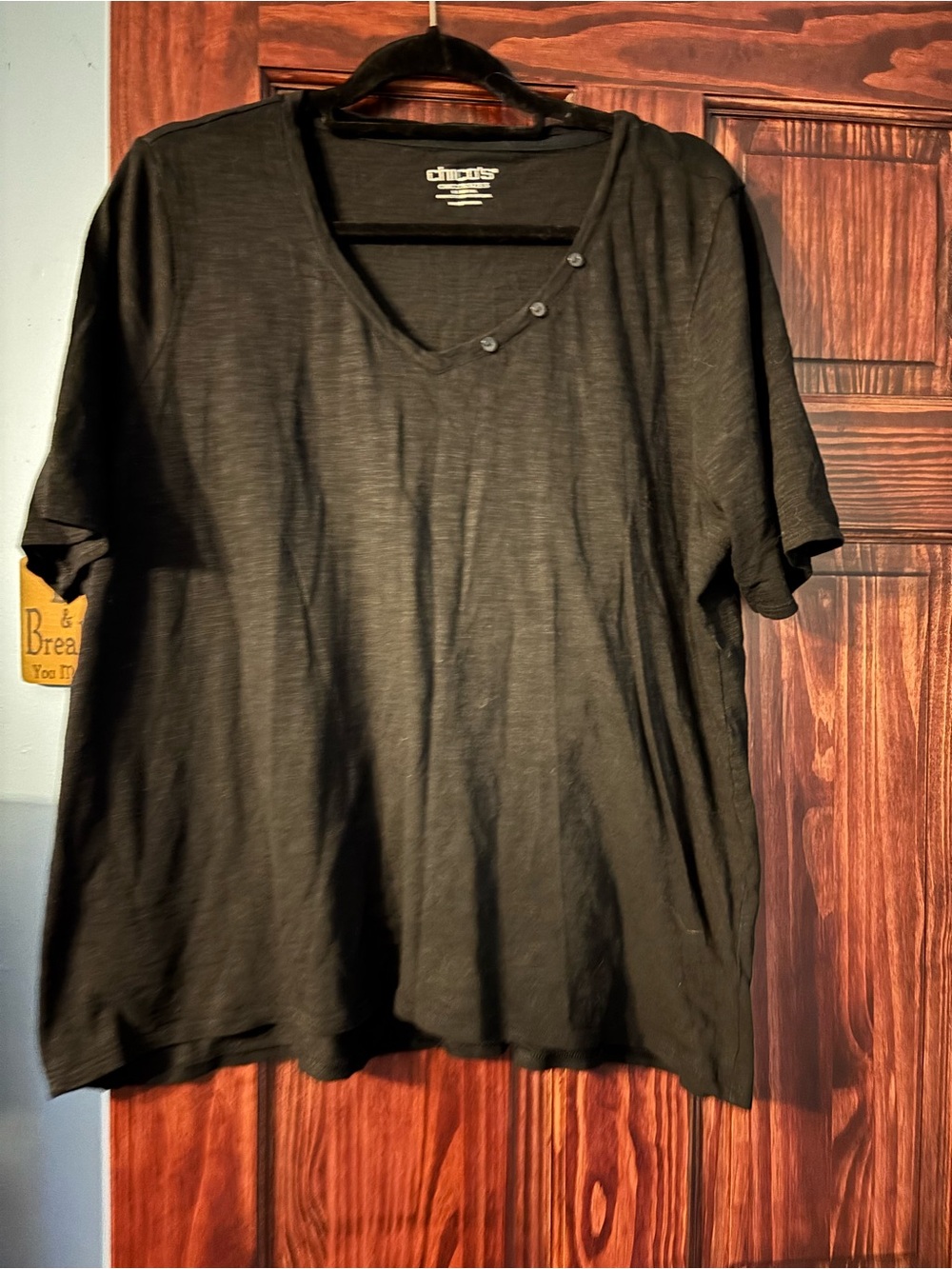 Chico's Black V-Neck Short Sleeve Tee with Button Accent